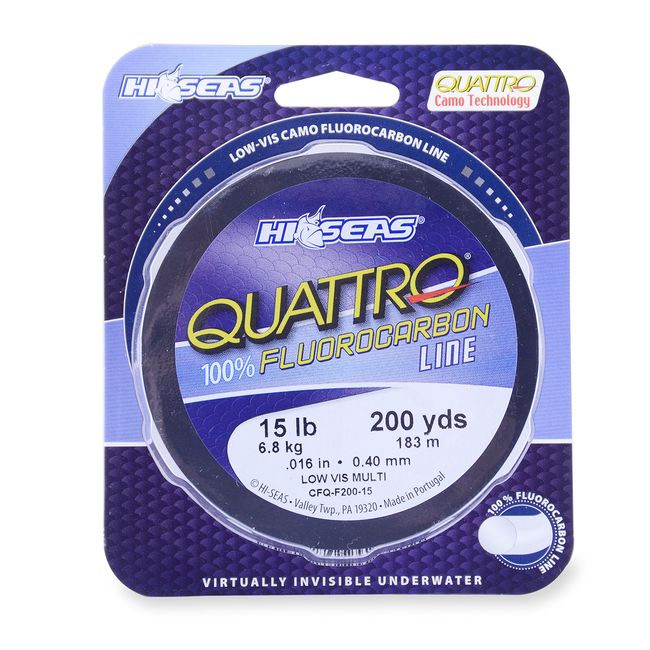 HI-SEAS Quattro 100% Fluorocarbon Line, 20 lb / 9.0 kg Test, 017 in / 0.42 mm Dia, 4-Color Camo, 200 yd / 182 m