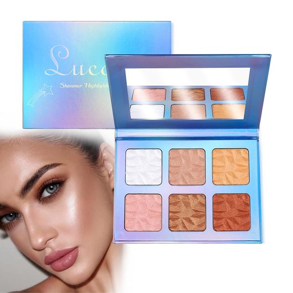 Lucoss 6 Colors Highlighter Palette, Highlighter Puder Palette Highlighter Bronze-Puder weiß/Braun/Rosa/Rot Face Contour Powder, Make-up Palette für Frauen