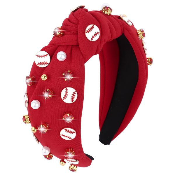 YARIEW Baseball Headband for Women Wide Knotted Jeweled Headband for Women Girls Top Knot Headband for Women Baseball Accessories Game Day Sports Fan Mom Halloween Christmas Gifts (Red)