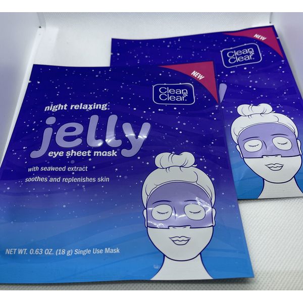 2x Clean & Clear JELLY Night Relaxing EYE Sheet Mask Seaweed Extract LOT of 2