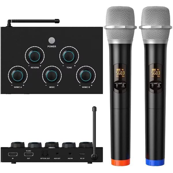Portable Karaoke Microphone Mixer System Set, Dual UHF Wireless Mic HDMI/Optical