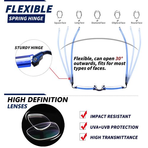 JJWELL 3 Pack Blue Light Blocking Reading Glasses for Women, Anti Eyestrain/Computer Glare UV 400 Filter Readers with Spring Hinge, Lightweight Rimless Tinted Metal Blue Rays Eyeglasses (1.50)
