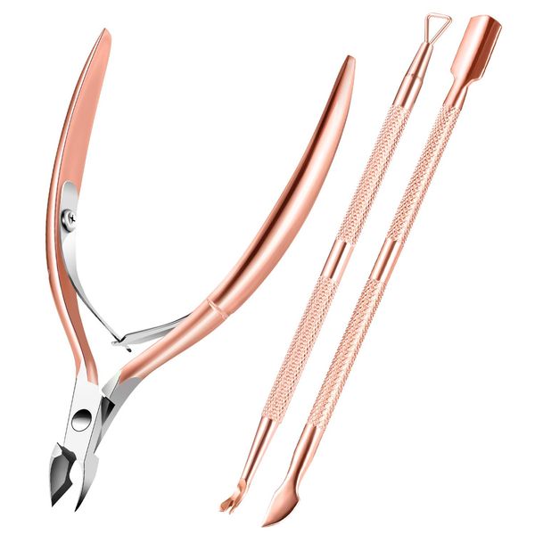 Cuticle Trimmer with Cuticle Pusher, XUNXMAS Cuticle Remover Cutter Nipper Scissor and Triangle Cuticle Nail Pusher Peeler Scraper, Durable Dead Skin Clipper Manicure Pedicure Tools (Rose gold)