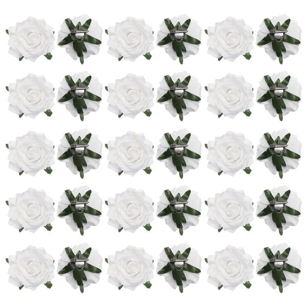 MECCANIXITY 30 Pcs Rose Flower Hair Clips 4 Inch Flower Hair Pins Flower Brooch for Women Hair Accessories White