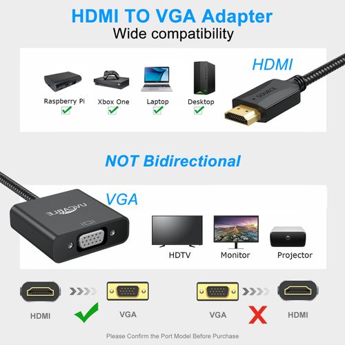 HDMI to VGA Adapter 5 Pack Black,Braided HDMI to VGA Adapter Male to Female Cable 1080P for Desktop, Laptop, PC, Monitor, Projector, HDTV, Chromebook, Raspberry Pi, Roku, Xbox and More-Braided