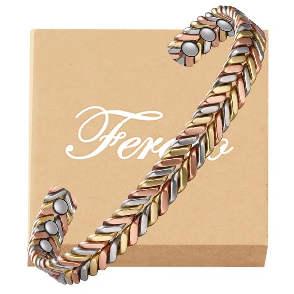 Feraco Copper Bracelet for Women, Magnetic Bracelets for Women, 99.99% Pure Copper Cuff Bangle with 3500 Gauss Healing Magnets, Adjustable, Tricolor Braided