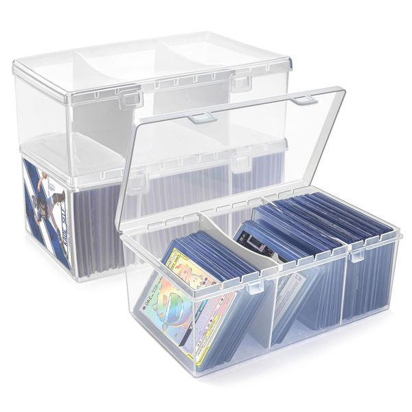 2PCS Toploader Storage Box,Trading Card Storage Box with Dividers Plastic Baseball Card Storage Box for 500+ Sports Cards 100+ Top Loaders BCW MTG Magic TCG Yugioh Card Case Holder Organizer