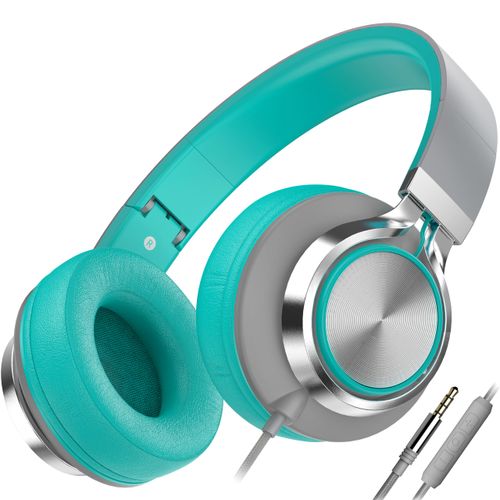 AILIHEN C8 Wired Headphones with Microphone and Volume Control Folding Lightweight Corded Headset for Cellphones Tablets Chromebook Phones Smartphones Laptop Computer PC Mp3/4 (Grey/Mint)