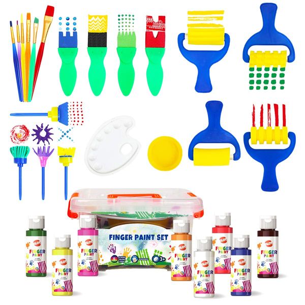 Early Learning Kids Paint Set Washable Finger Paint with Assorted Painting Brushes Sponges Portable Case for Kids Toddlers Drawing Gifts Age 3+