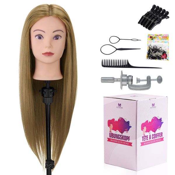 Mannequin Head Human Hair 60%,26-28" Hairdressing Training Doll Head,Braiding Manikin Doll Head for Hair Styling with Table Clamp + DIY Hair Styling Set #27 Golden