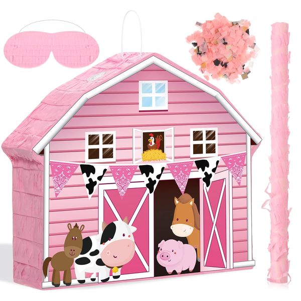 Faccito Pink Farm Piñata Bundle Fiesta Piñata Set Includes Bat Stick, Barnyard Piñata and Blindfold Mask for Farmhouse Country Kids Cinco De Mayo Birthday Party Mexican Piñata Game Supplies Decoration