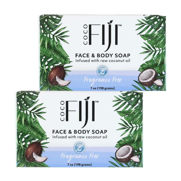 "Coco Fiji Soap Bar for Face and Body Infused With Organic Coconut Oil, Fragrance Free, Essential Oil, Natural Soap for Moisturizing & Pore Purifying Skin, 7 oz, Pack Of 2 "