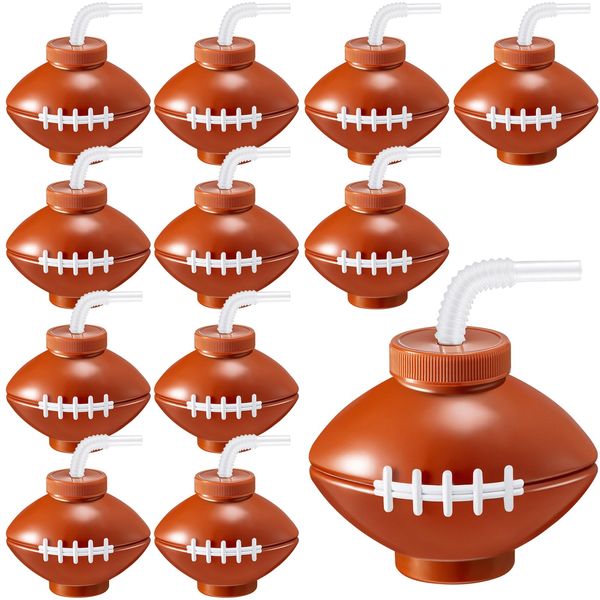 12 Pcs Football Ball Cups with Straws and Lids 12 oz Plastic Reusable Soft Football Party Cups Bulk Drinking Football Birthday Party Supplies Tea Bottle Football Party Decorations Football Fans