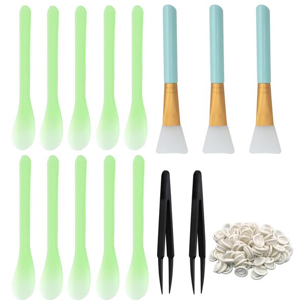 37 Pcs Reusable Stir Sticks Set, VEGCOO 12 Pcs Resin Stir Sticks, 20 Pcs Finger Cots, 3 Pcs Silicone Epoxy Brushes & 2 Pcs Tweezers for Epoxy Resin Liquid Mixing Facial Cover Paint DIY Making (Green)