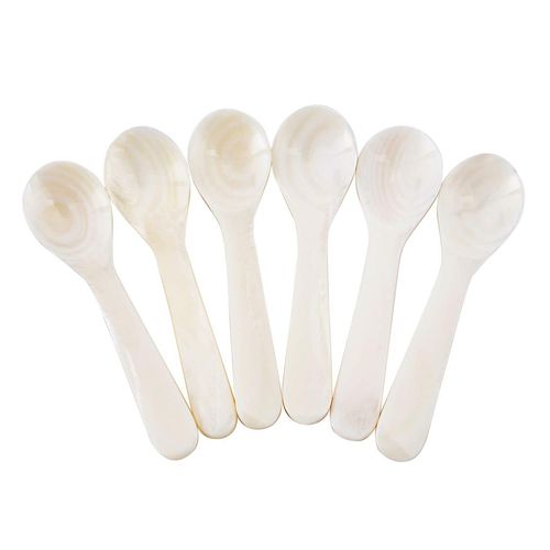 DUEBEL Set of 6 White Mother of Pearl MOP Caviar Spoons for Caviar, Egg, Icecream, Coffee Serving (White, 11x2.5cm)