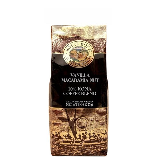 Royal Kona 10% Kona Coffee Blend, Vanilla Macadamia Flavor - Ground, 8 Ounce Bag