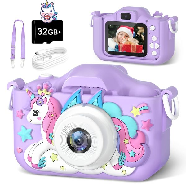 Anesky Kids Camera, 1080P HD Toddler Digital Camera Toy for Ages 5-7, Fun & Educational Toy with 32GB TF Card, Best Christmas & Birthday Gift for Boys & Girls 3 4 5 6 7 8 9 10 11 12 Year Old, Purple