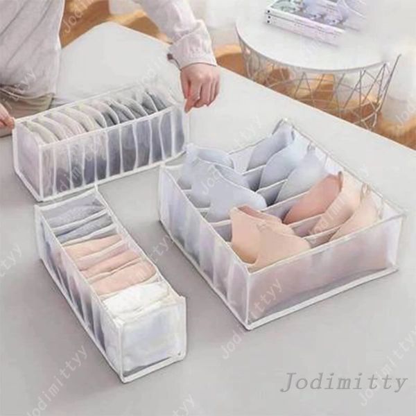 Jodimitty Undergarment Storage Box, Underwear Storage Case, Foldable, Drawer Divider, Bras, Underwear, Socks, Accessory Storage, Insect-proof, Dustproof, Moisture-proof, Breathable, Simple, White, Set of 3: 6 Compartments + 7 Compartments + 11 Compartment