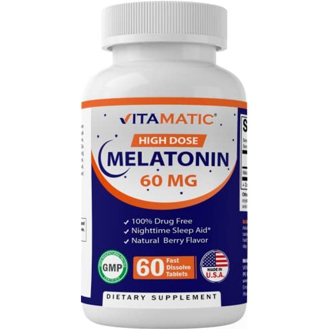 Vitamatic Melatonin 60mg Fast Dissolve Tablets - 60 Vegan Natural Berry Flavor Tablets - Non-Habit Forming - Non-GMO, Gluten Free (1 Bottle)