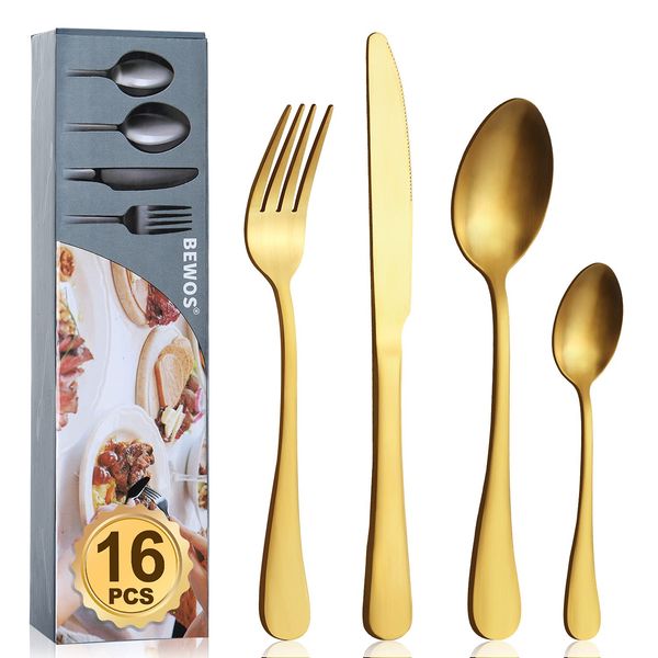 Cutlery Set, BEWOS 16-Piece Stainless Steel Matt Gold Flatware Set, Tableware Silverware Set with Spoon Knife and Fork Set, Service for 4, Dishwasher Safe/Easy Clean