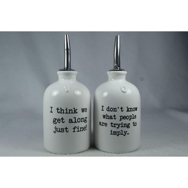 'Oil & Vinegar Dispensers' -With Funny Comments White By Boston Warehouse NIB