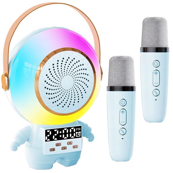 HSEONEJIA Mini Karaoke Machine for Kids, Portable Bluetooth Speaker with Clock LED Light and 2 Wireless Microphones, Christmas Birthday Gifts for Toddler Girls and Boys Age 3-5 Year Old (Blue)