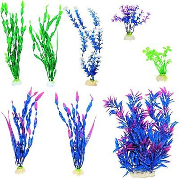 8 Pack Aquarium Plants with Non-Rusting Bases – Large, Purple and Blue