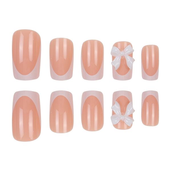 24 PCs French Tips False Nails, Square Press on Nails with 3D Bows, Pink Fake Nails French Tip for Women Girls Acrylic Full Cover Nails, Nail glue include, Manicure Stick