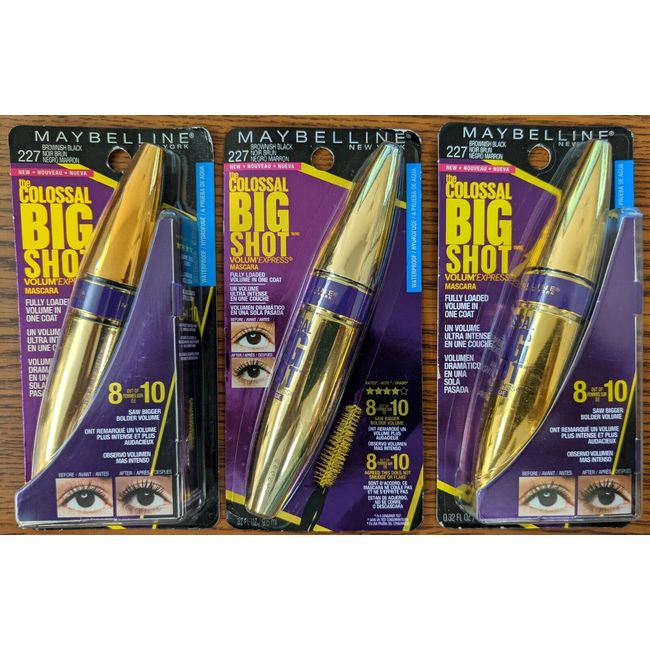 3PK MAYBELLINE THE COLOSSAL BIG SHOT WATERPROOF MASCARA 227 BROWNISH BLACK