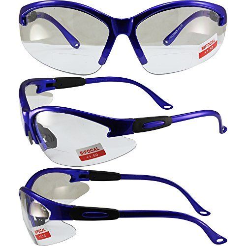 Global Vision Contender Bifocal Safety Glasses for Men or Women Blue Frame with Clear Lens ANSI Z87+ 1.0 to 2.5 (1.00)
