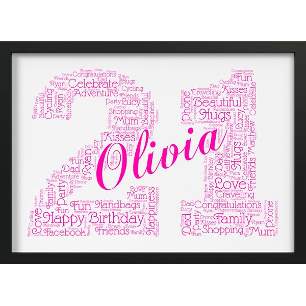 Personalised 21st Birthday Gifts for Women or Men - Custom Word Art Print - Unique 21st Gifts Keepsake present for Her Him - Mother Daughter Sister Friend Brother Son Dad - Any Age - Framed Print