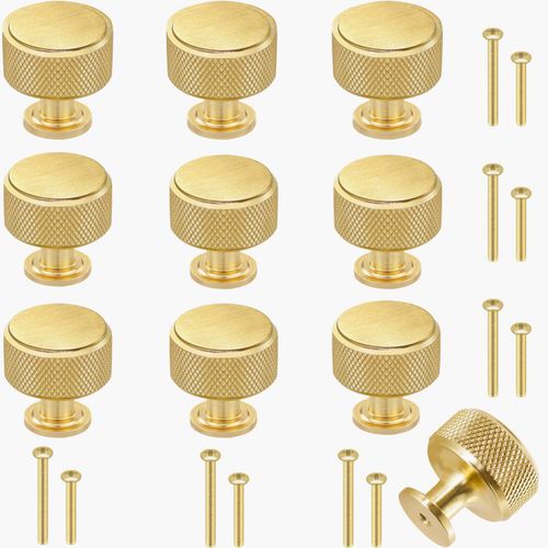 YEWLACA 10 Pack Modern Cabinet Knobs, 1 Inch (28mm) Round Brushed Gold Zinc Alloy Drawer Pull Handles for Dresser, Vanity Decorative with 2 Size Screws