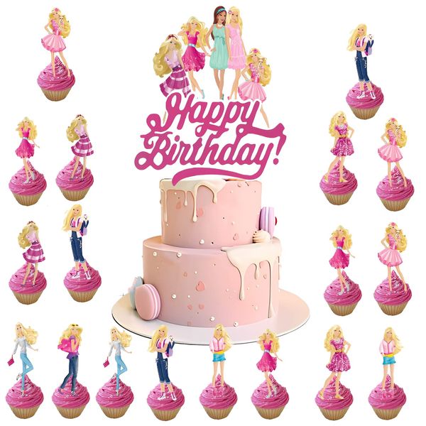 Cake Topper Barbi Principesse, Decorazioni Torta, 17PCS per Festa Compleanno, Happy Birthday, per Bambini