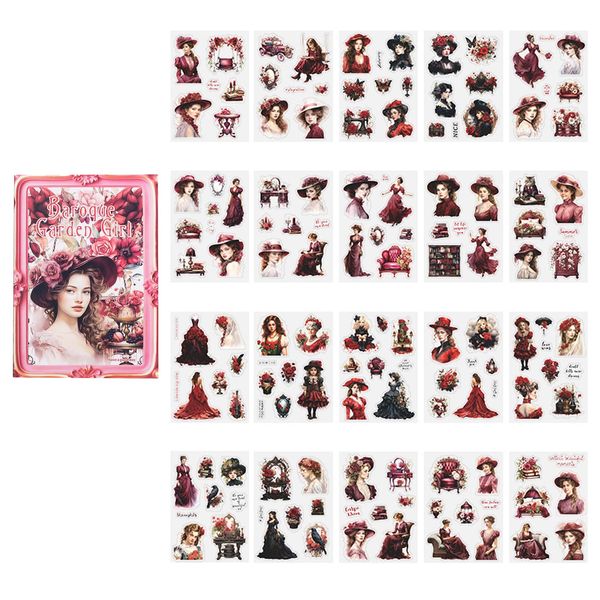 Vbxvsa 20 Blätter Scrapbooking Sticker Barock Garten Girl Scrapbook Papier Dunkelrote Rose Aesthetic Washi Tape Set Viktorianischen Vintage Stil Aufkleber Zubehör