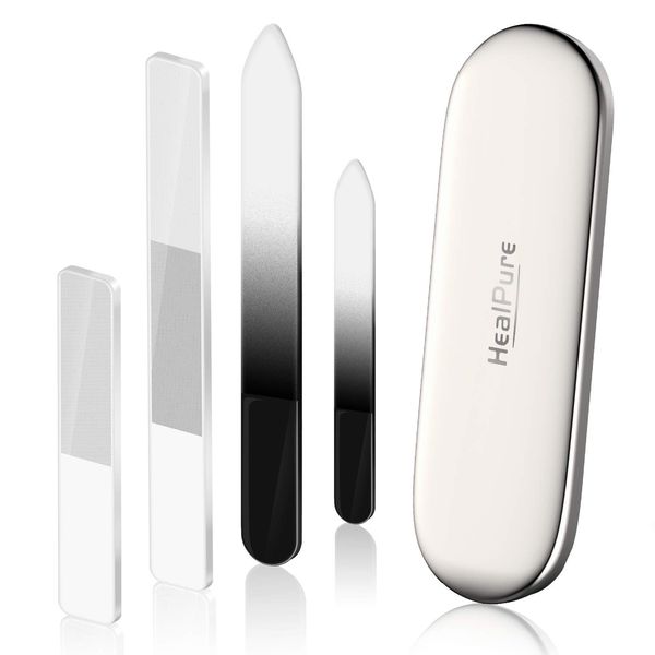 Glass Nail File and Shiner – 4PC Double Sided Etched Crystal Nail Buffer Files and Nano Nail Polishers, Professional Salon Manicure Tools Kit for Acrylic and Natural Nail, Perfect for Women & Girls