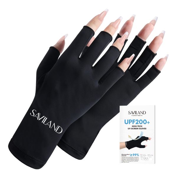 Saviland UV Gloves for Gel Nails - UPF200+ High-tech UV Protection Gloves for Manicures, Anti UVA&UVB 999+ UV Nail Gloves for Nail Lamp Skin Care Fingerless Gloves Protect Hands from UV Harm(Black)