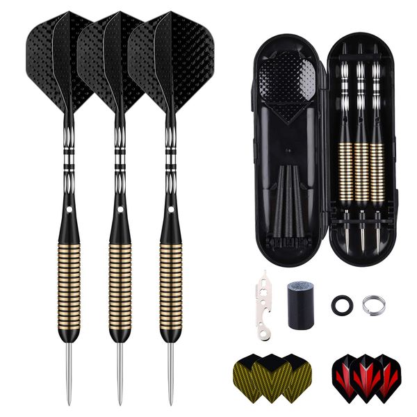 sanfeng Steel Tip Darts Set for Dartboard, Professional Darts with Metal Tip 27 Grams, Brass Barrel + Black Aluminium Nylon Shafts 9 Flights 50 Rubber O-Rings 12 Spring Rings 1 Dart Sharpener Tool