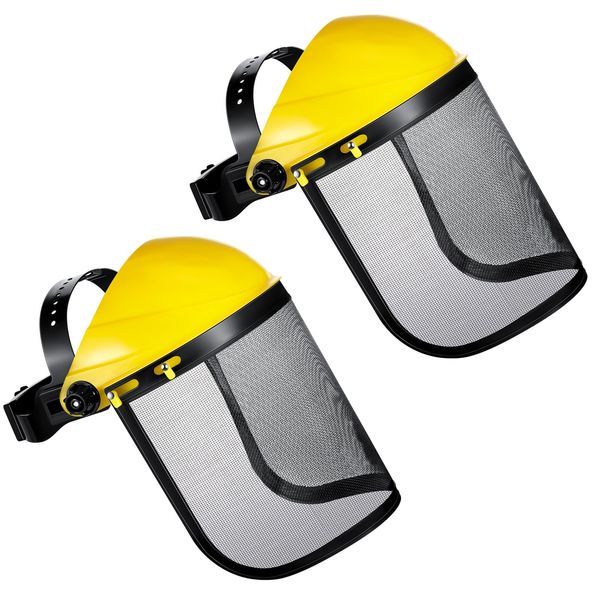 Hestya 2 Pcs Safety Face Shield Adjustable Safety Helmet with Visor Chainsaw Helmet Strimmer Face Guard Face Protection Shield Forestry Hat for Gardening Logging Lawn (Yellow)