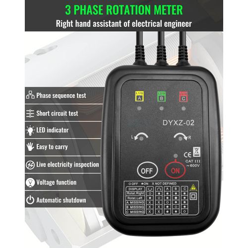 3 Phase Rotation Tester Non Contact Rotation Meter AC 70~600V High Magnetic Induction Phase Sequence Detector with 22 Inch Clamp Lead, LED, Carrying Bag Auto Power Off Phase Meter