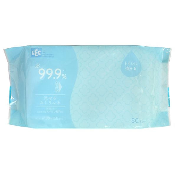 LEC 99.9% Pure Water for Adults, Flushable Wipes, 80 Pieces, Made in Japan, Weakly Acid, Fragrance-Free