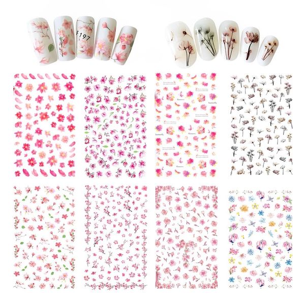 QEDBOJE 8 Fogli 3D Nail Art Stickers Autoadesivi, Adesivi Unghie, Adesivi Floreali, Fiori Adesivi, Decalcomanie per Decorazione Unghie, Nail Art Fai da Te