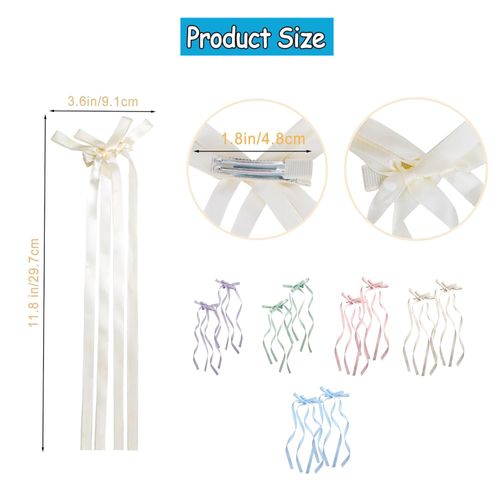 MEISO Pack of 10 Long Ribbons Hair Bow Hair Clips Hair Bow Women Satin Hair Clips Hair Bows Girls Cute Hair Scrunchies for Girls Women Party Wedding Daily Dress
