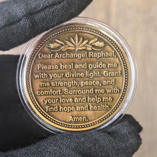 Archangel Raphael Healing Coin - 1.57 Inch Spiritual Medallion with Healing Prayer, Divine Light Symbol, Motivational Gift for Health, Strength, and Peace (Single Coin)