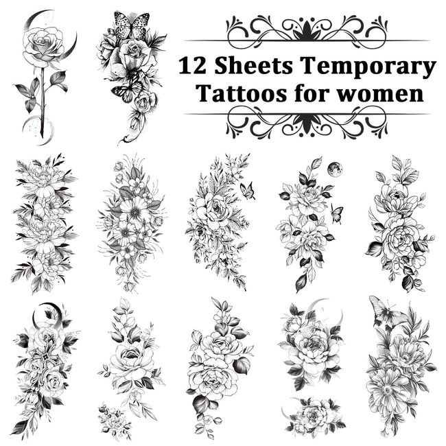 Acevegue 12 Blätter Fake Tattoos, Temporäre Tattoos 3D Rose Tattoo Blume Tattoo Arm Tattoo Erwachsene, Klebetattoos Erwachsene Tatoos Aufkleben Damen Fake Tattoos Frauen Tattoos zum Aufkleben Deko