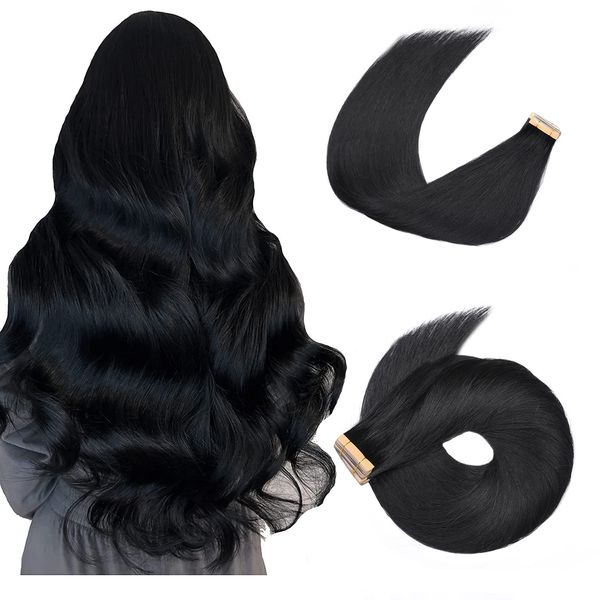 HotLulana Tape Extensions Echthaar Jet Schwarz Skin Weft Extensions echthaar 100% Natürliche Echthaar Extensions Tape Gerade Invisible Tape Extensions Echthaar 20stück 40g 14zoll/35cm For Women.