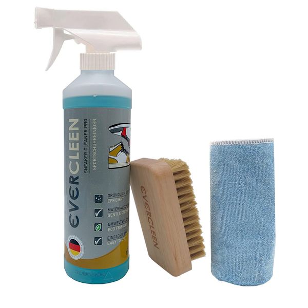 EVERCLEEN Made in Germany professioneller Sneaker Cleaner 500ml + Mikrofasertuch + Bürste. Intensive Reinigung & Pflege. Einfache Handhabung. Reinigt schonend Sneaker Sportschuhe usw.