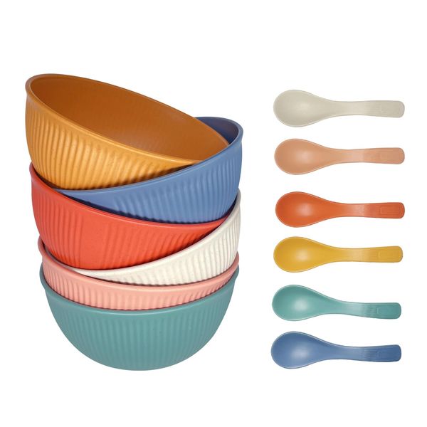 Ulrikco Unbreakable Cereal Bowls and Spoons Set of 6, Lightweight 24 oz Salad Bowls, Dishwasher & Microwave Safe, Reusable Plastic Dessert Bowl Set for Salad, Pasta, Soup, Noodles, Snack