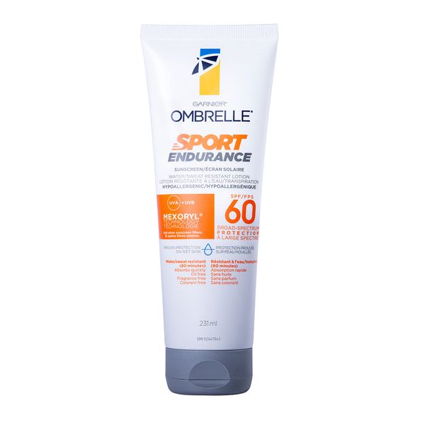 GARNIER Ombrelle Sport Sunscreen Lotion, SPF 60, Sweat + Water Resistant, Fast Drying, Hypoallergenic, Fragrance Free, 231mL, Ombrelle Sport Endurance Water Resistant Sunscreen SPF 60, 231 mL