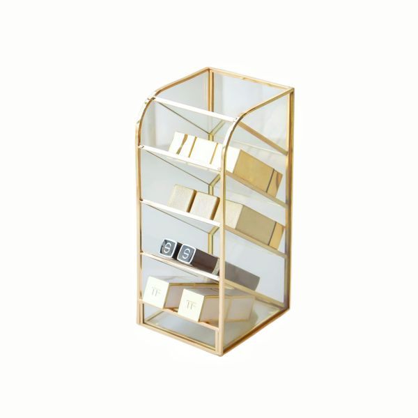 HARLIANGXY Lipstick Organiser Gold, Vintage Lipstick Holder, Makeup Brush Holder Gold, Glass Cosmetic Organiser, Transparent Lipstick Stand, Desktop Pen Holder