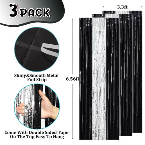 Voircoloria 3 Pack 3.3 x 8.2 ft Black and Silver Foil Fringe Backdrop Curtains, Tinsel Streamers Party Decorations, Fringe Backdrop